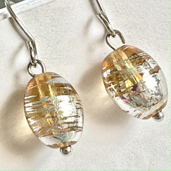Peach Murano Art Glass Earrings Bead Hand Painted Oval Bead Silver Plated - Picture 4 of 8